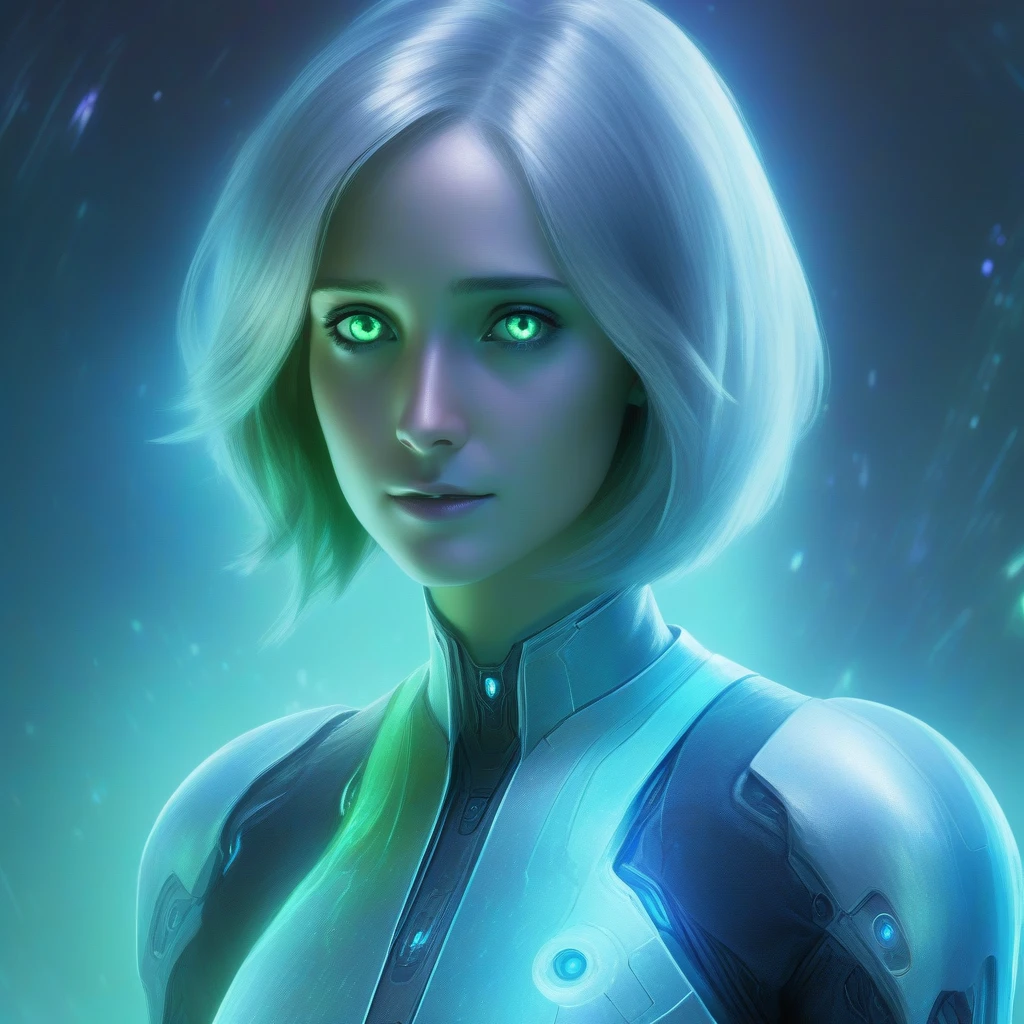 hyperrealistic image of a sweet holographic of Cortana with ethereal silver medium hair and green eyes. like Cortana from Halo. in party colorful country dress, The image should be high-quality, high-definition. The android woman should exude a sense of elegance and sophistication