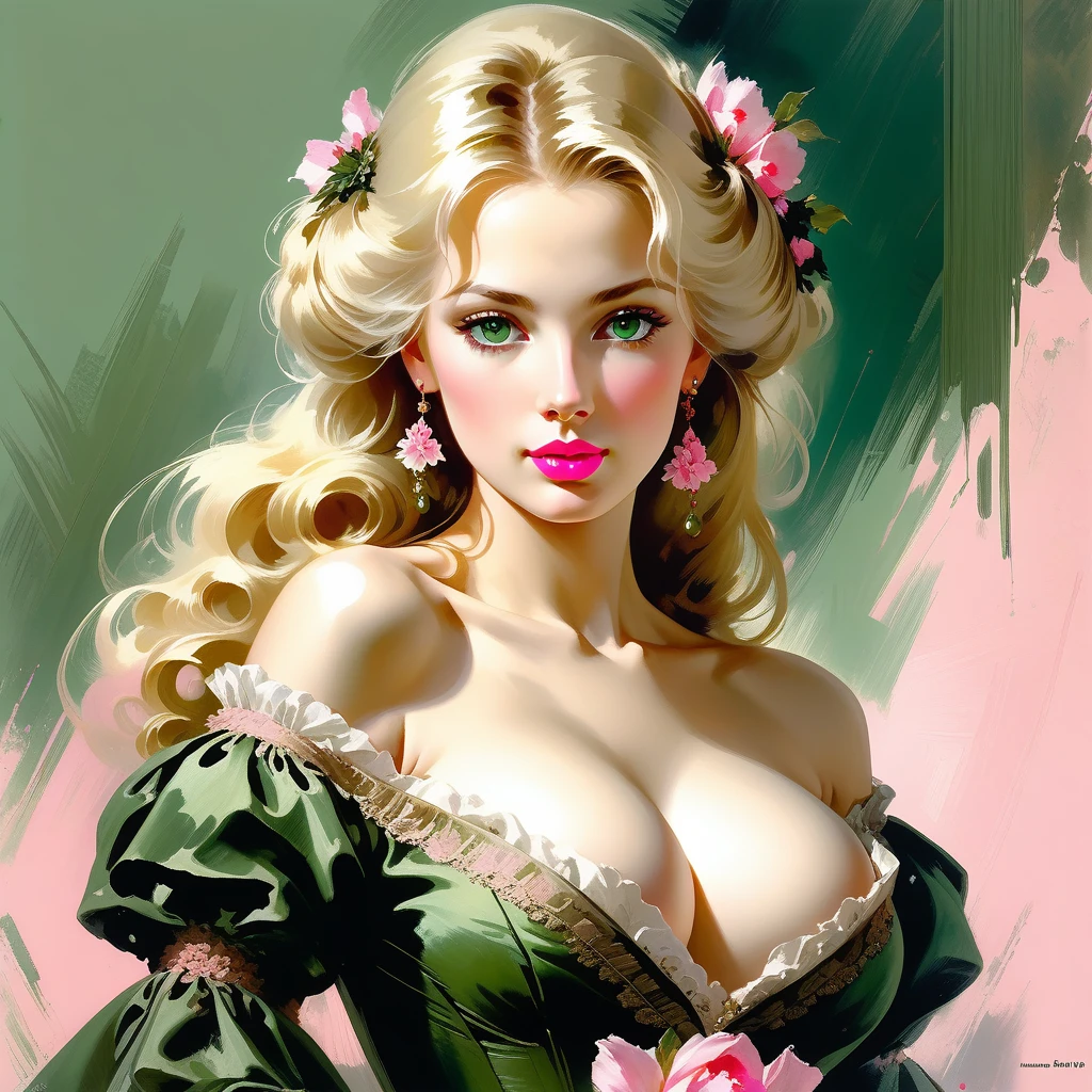 Victorian Hungarian women Women of the 18th century, Blonde hair, Pink lips, Nice feature, Wadim Kashin, james gurney, ink, Splash Art", Amazing beauty , Royo, after sexing, Super detailed splash art modern European ink oil painting, Mid gorgeous breasts, Gorgeous body, Dark Green eyes, Blush.