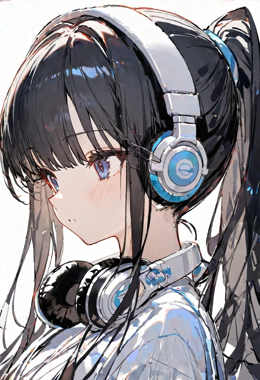 delicate、masterpiece、Highest quality、One Girl、cute、Black Hair、Long Hair、ponytail、Headphones hanging around the neck、White Background、sketch、Look forward、Upper body only