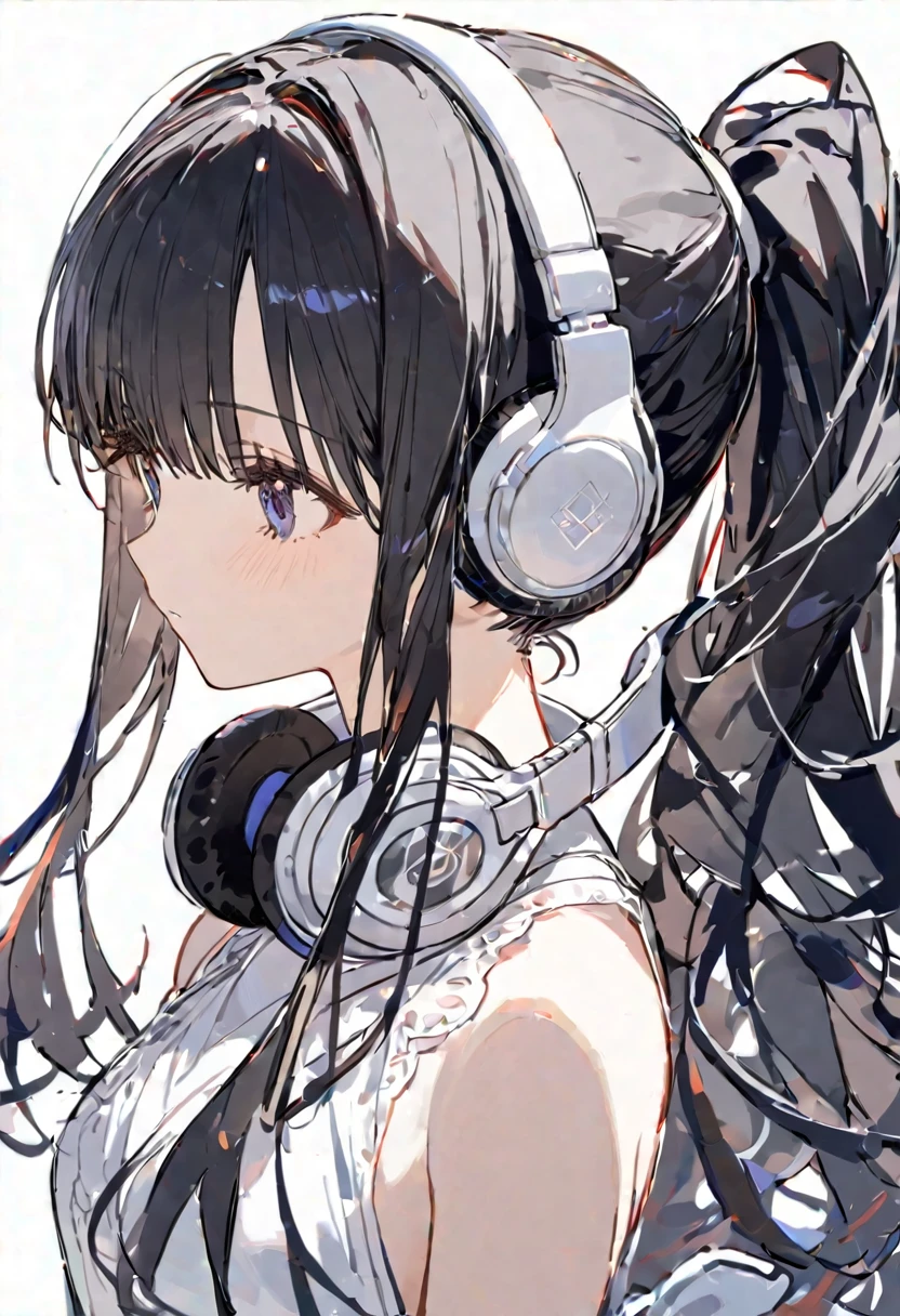 delicate、masterpiece、Highest quality、One Girl、cute、Black Hair、Long Hair、ponytail、Headphones hanging around the neck、White Background、sketch、Look forward、Upper body only