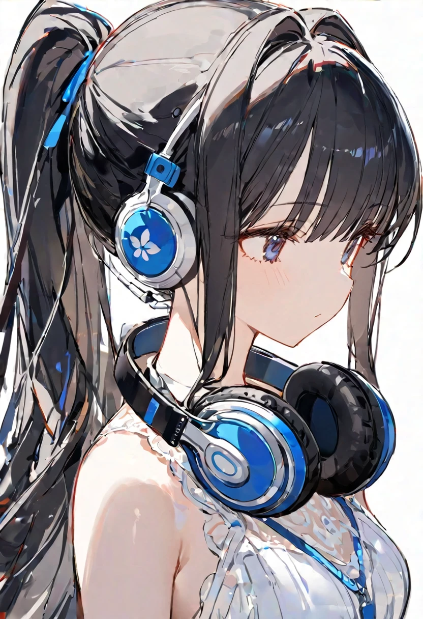 delicate、masterpiece、Highest quality、One Girl、cute、Black Hair、Long Hair、ponytail、Headphones hanging around the neck、White Background、sketch、Look forward、Upper body only