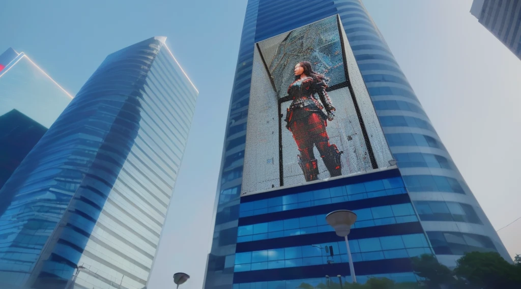 tall buildings with a large picture of a woman on the side of it, giant video screens, giant led screens, giant road sign armor champion, big video statues, digital billboard in the middle, giant red led screens, art masterpiece, digital billboards, hito steyerl, large commercial led screens, [ realistic photo ]!!, inspired by Scott Listfield