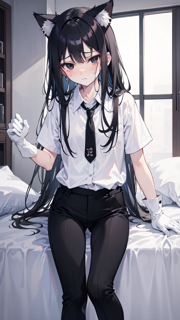18-year-old girl,White and tender skin,cute,Wear a white long-sleeved shirt and a black jacket and a black work tie,Wear black trousers,Wear black booties,Wear white gloves,wear cat ear,Wearing a collar,Black hair,Black eyes,Very thin waist,Very thin legs,Handsome,Disdainful and cold expression,shy,blush,scared,Sweating,tired,pornography,porn action,is cumming,Fucked to open mouth,Cumming in the mouth