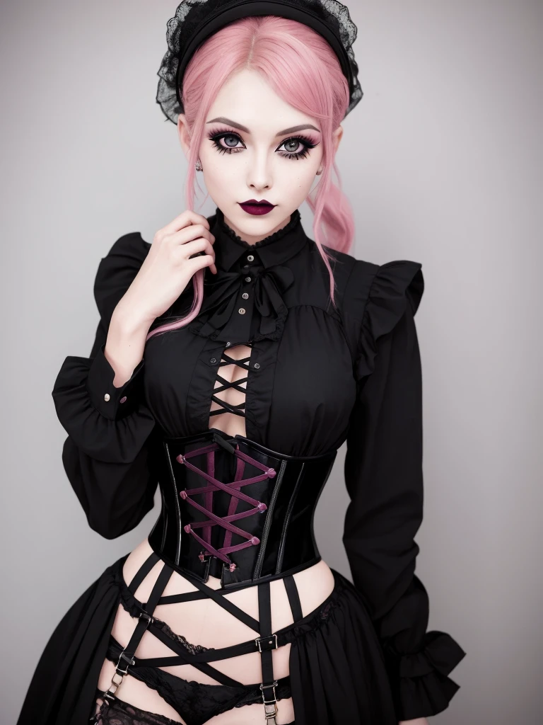 Picture of a goth girl. Fit face. 22 years old, Sharp chin, photography, raw photo, masterpiece, extremely detailed photo, DSLR, photorealistic 1.4, ultra hi res, best quality, pink lips, perfect makeup, full body picture, tall, toned, busty, corset,  sexy, Perona from One Piece,  corset,  