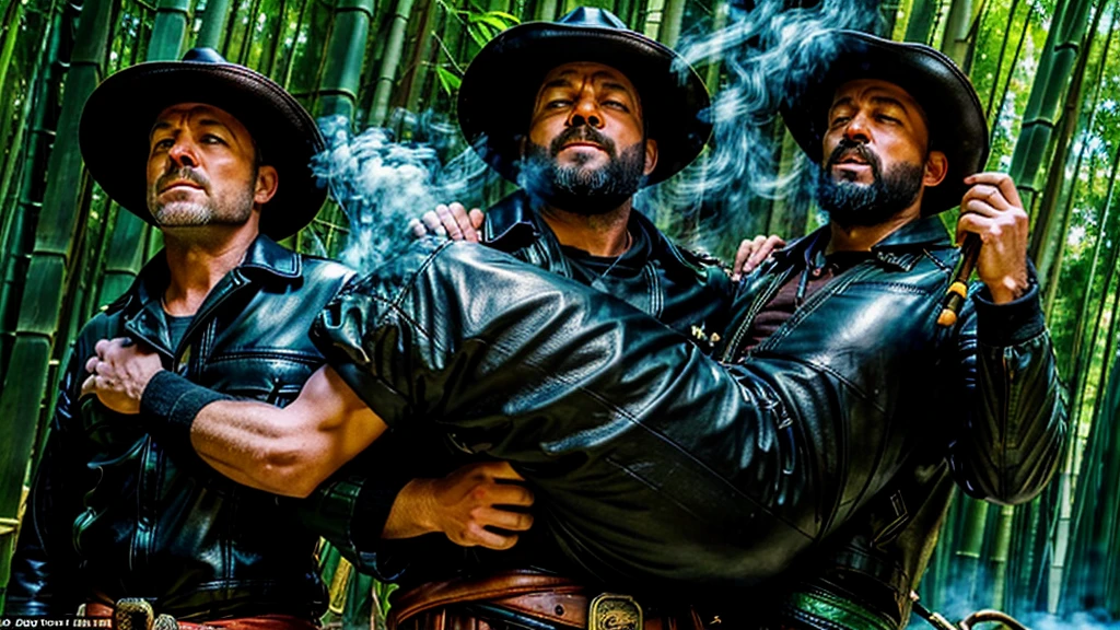 The Captain of the Forest, with the expression of his mouth, uses vowels to speak -- leather jacket, long pants and hunter's boots, with a straw hat, the closed rma at the waist, he is injured and is carried by the arms by men, one on the left side and the other on the right - - a lot of smoke around the body does not let him breathe - he is carried by two henchmen - a lot of smoke - the captain of the forest falls to the ground in the background a bamboo grove