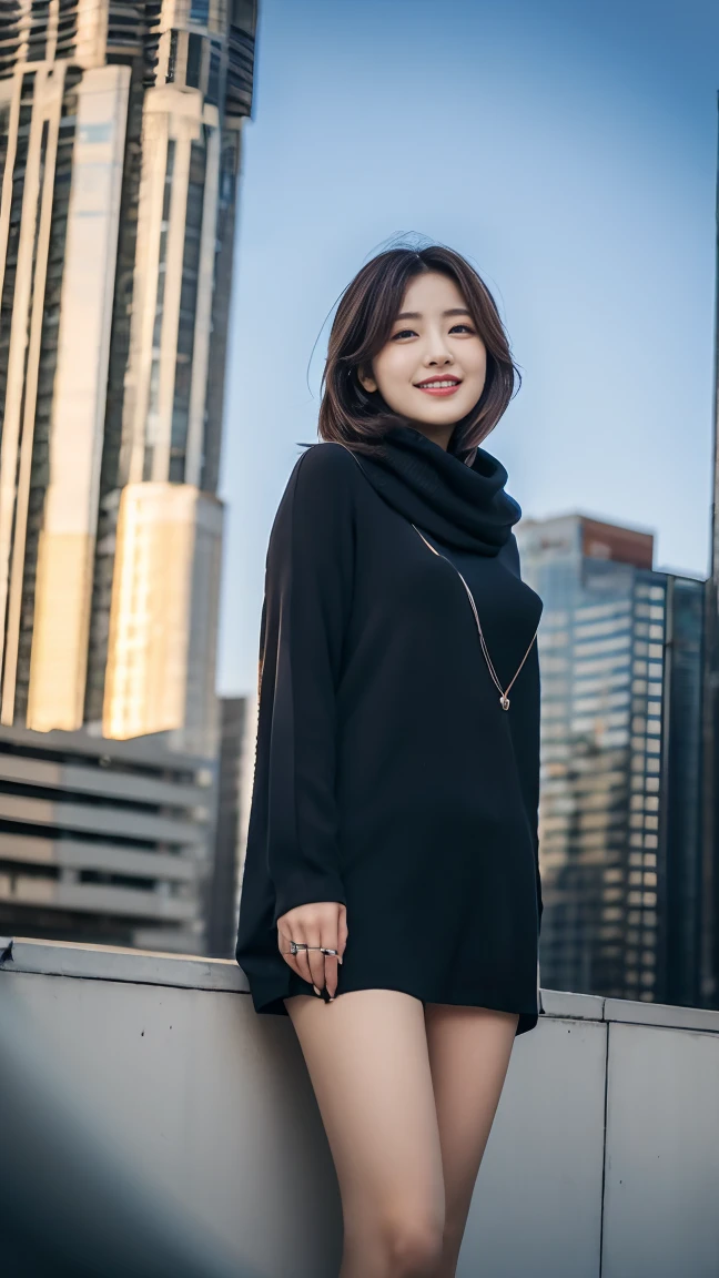 masterpiece,best quality,ultra detailed,highres,high-resolution,4K,realistic,RAW photo,((real person)),portrait photography,photorealistic,detailed skin,(delicate black eyes ), A soothing woman with sagging eyes,Calm and calm, middle hair,skinny,clothing,The wind is blowing,tareme、Standing on the edge of a rooftop of a skyscraper, a woman resembling a goddess, draped in a scarf covering her chest and intimate area.、distance、Beautiful legsデコルテ、Beautiful legs、An innocent smile