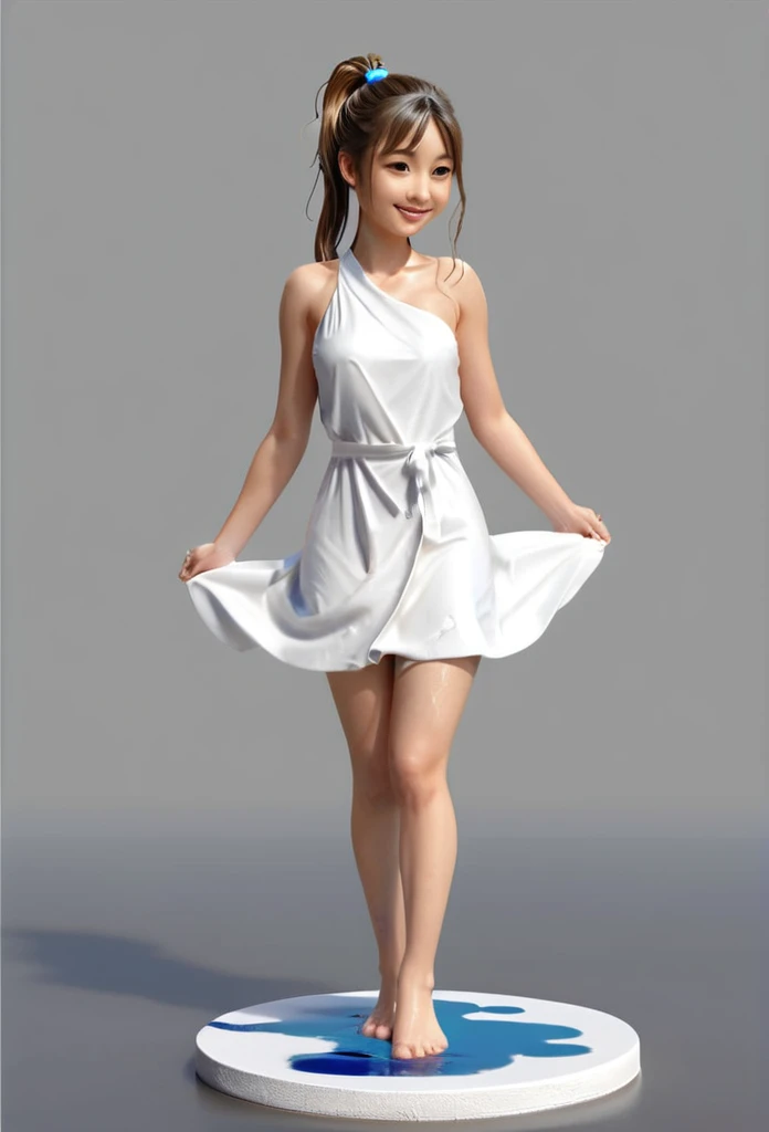 Drawing of a girl with ponytail and a wet white dress, cute 3d rendering, cute detailed digital art, mini cute girl, cute digital painting, 3d rendering stylized, cute digital art, cute rendering 3d anime girl, little curve loli, cute! C4D, a single character full body, standing on a white base