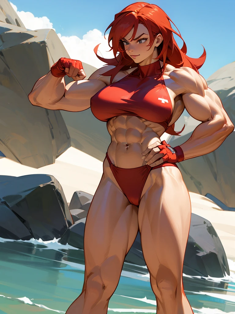 Anime redhead muscle mommy in a red thong bikini flexing her muscles with her hands on her sides to pridefully show off her rock hard abs on a white sanded beach, highly detailed