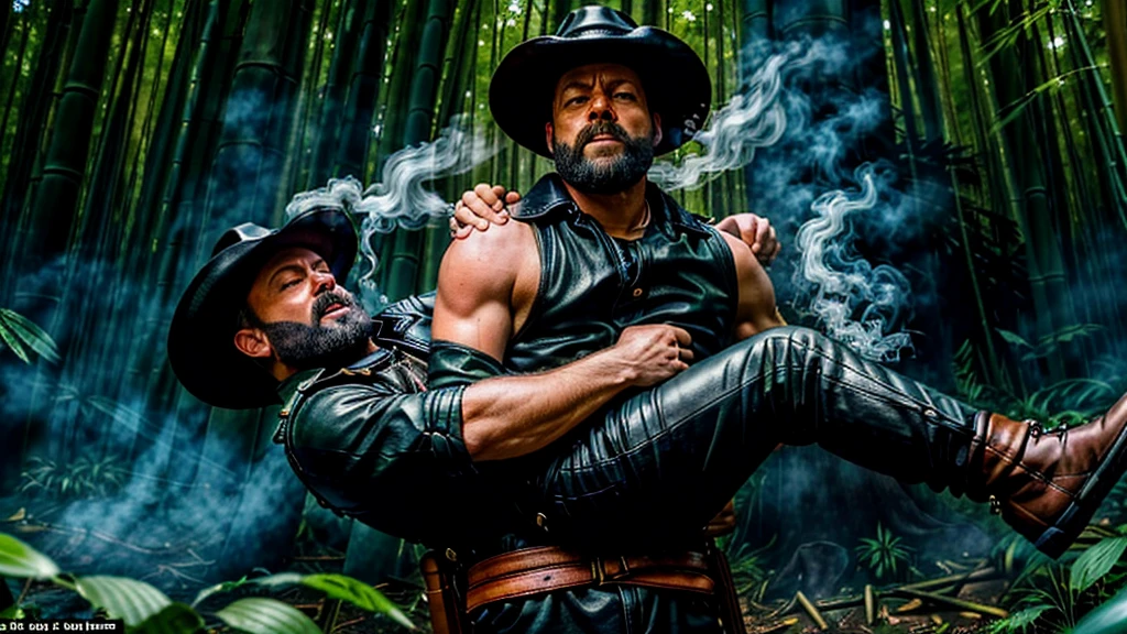 The Captain of the Forest, with the expression of his mouth, uses vowels to speak -- leather jacket, long pants and hunter's boots, with a straw hat, closed, he is injured and is carried by the arms of the men, one on the left side, the other on the right side - - a lot of smoke - he is carried by two henchmen - a lot of smoke - the captain of the forest falls to the ground in the background a bamboo grove