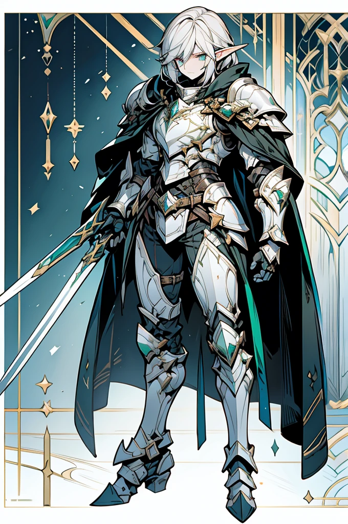 male half elf knight, full body art, silver hair, white skin, emerald iris eye, knight full plate adorned dark armor, blacked cape, perfectly detailed.