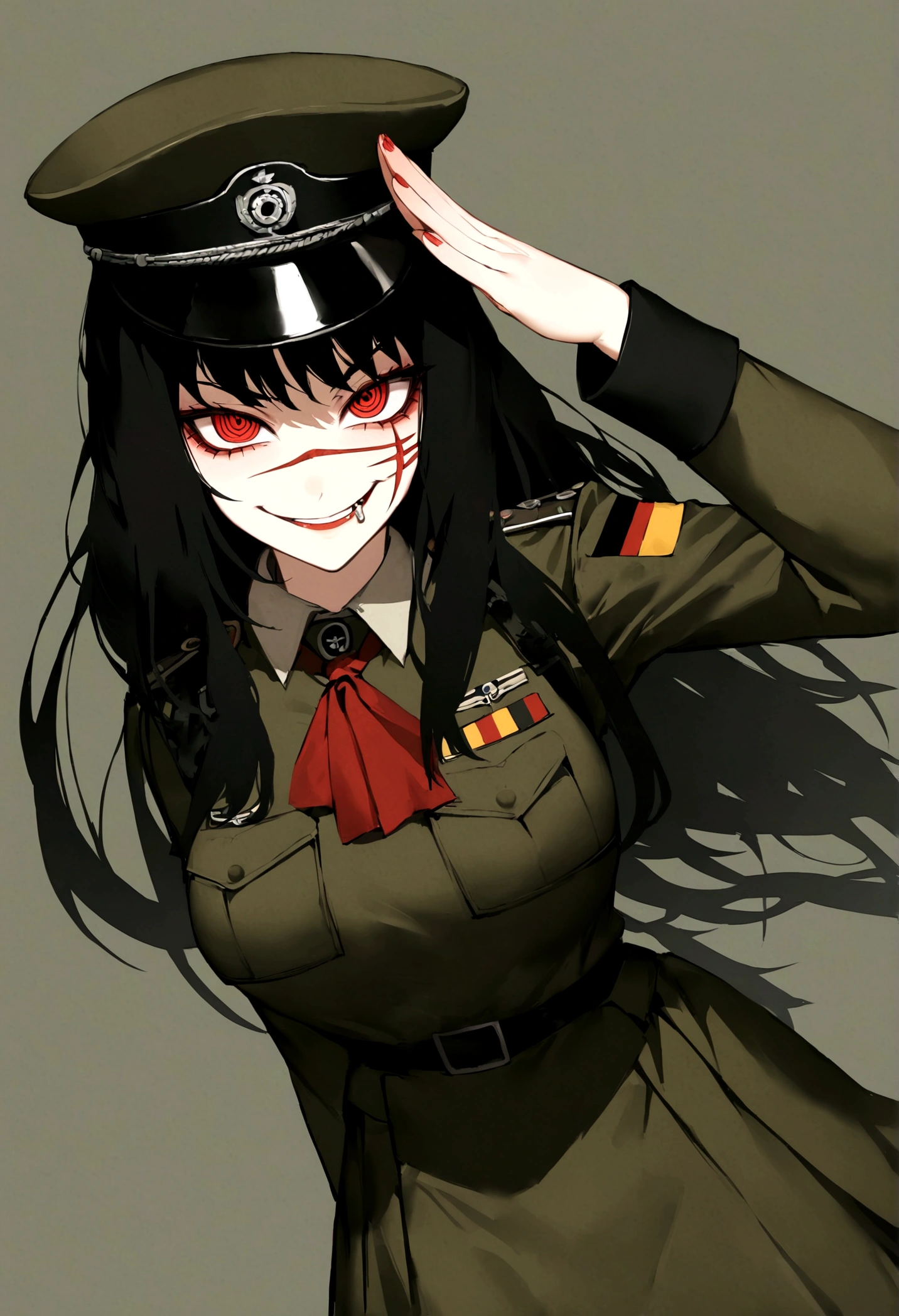 Girl, Yoru, WWII German military uniform, evil smile, piercing red eyes, ringed eyes, open jacket ,large breast, military hat, military salute, fullbody shot