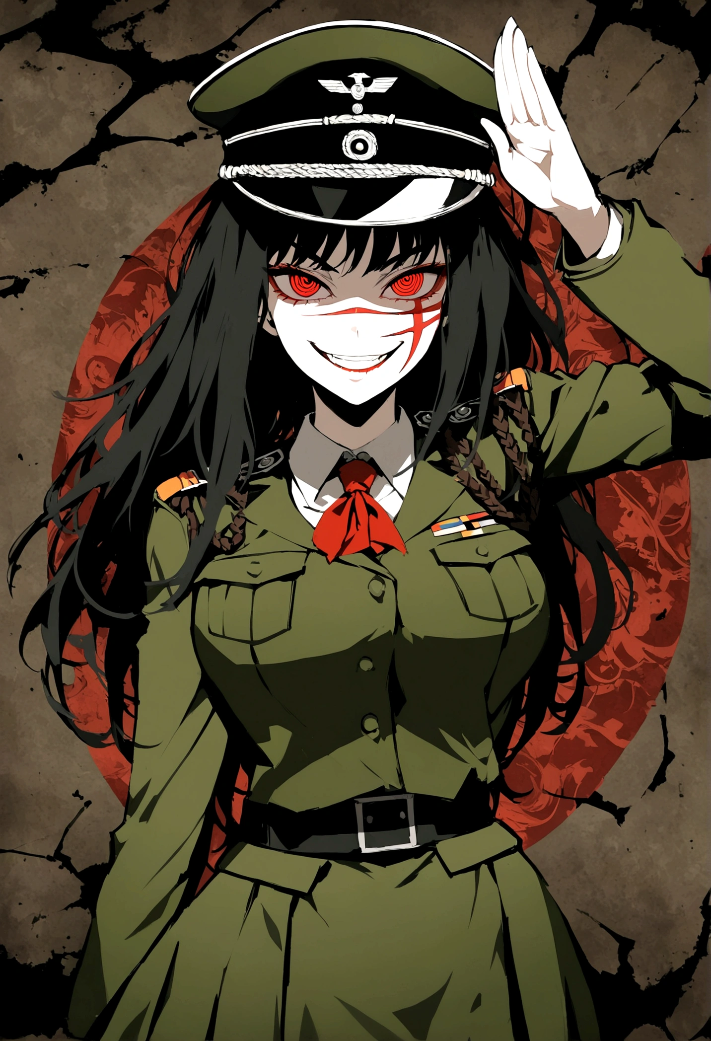 Girl, Yoru, WWII German military uniform, evil smile, piercing red eyes, ringed eyes, open jacket ,large breast, military hat, military salute, fullbody shot