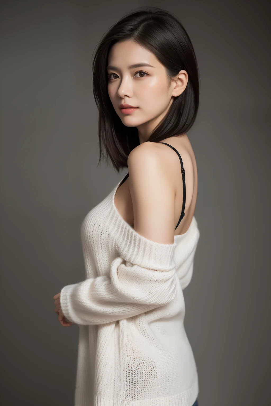 asian lady, She is wearing a soft white sweater relaxed neckline that casually ((drapes off one shoulder)), exposing slender shoulders with black bra trap, highlighted by the rays of light creating a radiant effect on her skin. , mid-shot , light rays, warm atmosphere , light through hair, ((mid-shot, full body, slender waist)), Hair Up Do、 Glowing eyes, nose blush, Carl Larsson, Alfonse Mucha, Chiaroscuro, Film Glenn, reflective light, (((long-Shot))), knee to top,longshot show (((full body))), masterpiece, high details, ((gray background, studio light ))