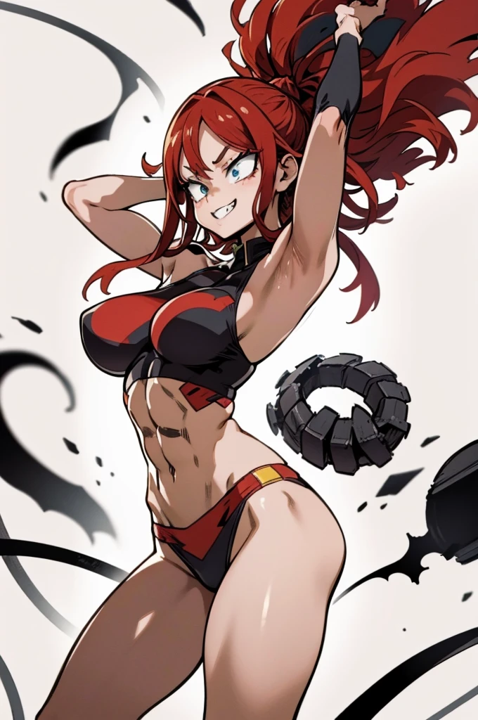 A tomboy with wild, unruly red hair cascading around a face with a fierce, predatory expression, her eyes shining with a dangerous light, her lips curved into a wild grin, revealing large, sharp canines. Her outfit is practical yet barbaric, a tattered ensemble barely covering her muscular frame. Her biceps bulge with pure power, every movement making the muscles of her arms and back ripple like coiled springs. Her chest is broad, with large pectorals and breasts highlighted by the scant clothing, and her abdomen is a masterpiece of chiseled muscles, each segment of her abs defined with perfect clarity. She is standing with her hands on her hips, exuding a challenging gaze and a toothy grin. The style is reminiscent of My Hero Academia, and the image should be full-body.