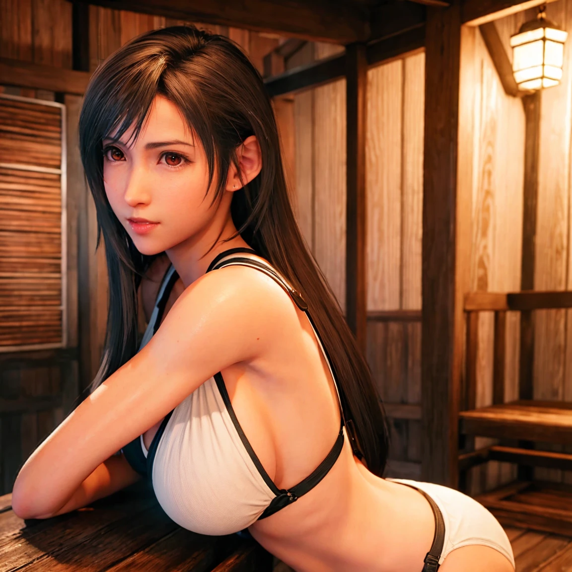 Tifa in a sauna, half naked, whole body, pose sensual, round ass, big breasts and light brown eyes. 8k, Best Quality, masterpiece 1.2