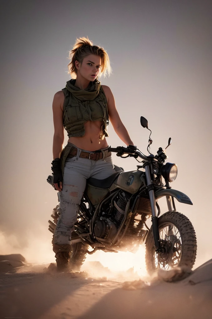 masterpiece, portrait of a beautiful -yeld Ruan girl in a post-apocalyptic desert, Punk blonde with short hair, shaved on the sides, grey-blue eyes, very pale skin, highly detailed skin, Cool face, Tense face, Dramatic face, Hard Face, wearing dirty white military pants, wear a white and gray military scarf, wear a winter camouflage military vest in gray and white, wear punk style jewelry, Viking tattoos on skin, Cool Girl, The Killer Girl, Wild Girl, postapocalyptic style, RAW, dramatic lighting, threatening the Scandinavian skies, 8 k, Ultra high resolution.Photorealistic, uhd, First phase of XF IQ4, 150 MP, post-apocalyptic desert arid landscape in the background, dirt, dust, rumbles, wreckage, action pose, (Mad Max movie atmosphere:1.2)