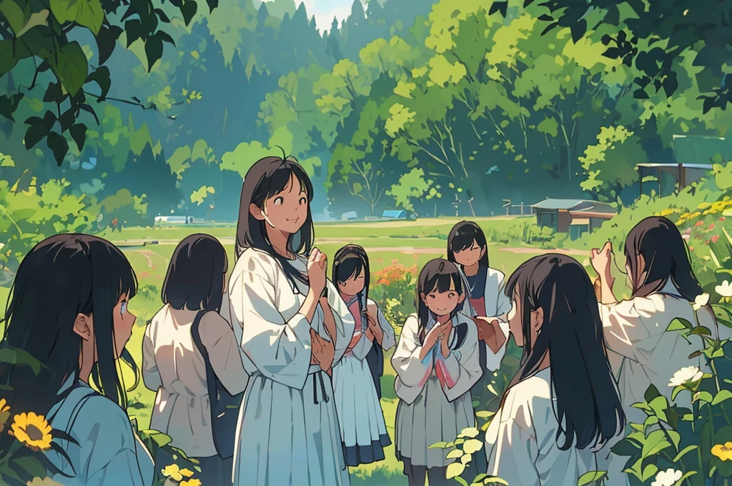Reasonable design, Clear lines, High Sharpness, (Highest quality,8K,Perfect sharpness,Ultra fine,High resolution,masterpiece:1.2), Perfect Anatomy:1.5, Official Art, Illustrations that tell a story, (Whitish background:0. 9)、Body Positivity、多Mr.な身体表現、(Random and energetic poses)、Perfect beauty、Perfect beautiful face、Strong winds、A rich expression、Dynamic composition、smile、Golden ratio composition、colorful、((Mr.々Different angles and perspectives))、Anime Art、(Mini dress)、(Overcoming stereotypes)、 Glowing Skin、(Natural beauty)、smile、Bangs、(Soft and flowing hair)、(countryside)、(Nostalgic atmosphere)、Put up to your feet、(Playful and carefree)、(多Mr.な民族のキャラクター)、(innocent attitude)、(Sunny atmosphere)、(The skirt flutters wildly in the wind)、(Bright colors)、Beautiful Eyes、(Embarrassing)、Braided Hair、Summer Scene、Smiling among flowers、Angle from above、