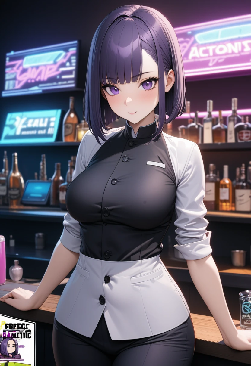 Adult Female, Black purple hair, slanted bob haircut, phlegmatic, medium bust, -bearing hips, perfect purple eyes, cyberpunk bar, bartender, bartender uniform, highly detailed, high quality, perfect quality, 8k, cleaning, solid black pupils, manga skin, highly detailed anatomy