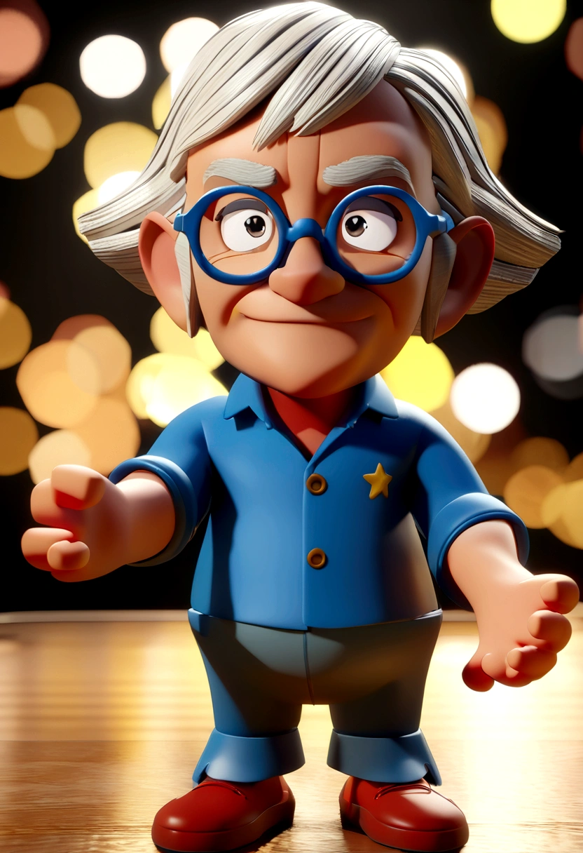 Cartoon character of an old man, white hair with black glasses and blue shirt, an animated character, stylized character, animation style rendering, 3d stylized, Rendering by Carl Fredricksen from the film up - alta aventurs, Stylized 3D rendering, toon render screenshot, 3d character, 3d character, Stylized 3D rendering, 3D character rendering, cartoon character, Close-up characters, character pose, (Pixar-style) (Master Pieces:1.2) (bokeh) (best qualityer) (detailed skins) (detail texture) (8K) (Argilla) (cinematic lighting) (sharp focus