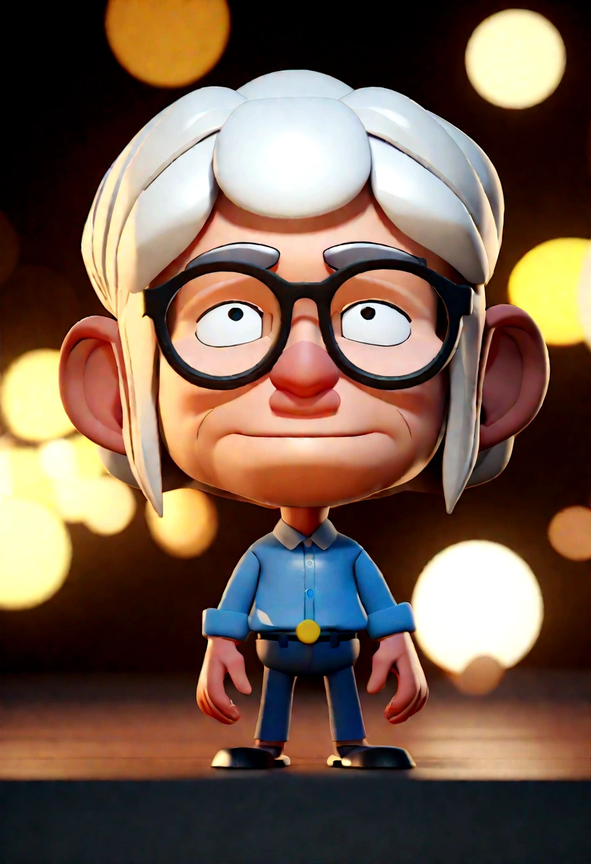 Cartoon character of an old man, white hair with black glasses and blue shirt, an animated character, stylized character, animation style rendering, 3d stylized, Rendering by Carl Fredricksen from the film up - alta aventurs, Stylized 3D rendering, toon render screenshot, 3d character, 3d character, Stylized 3D rendering, 3D character rendering, cartoon character, Close-up characters, character pose, (Pixar-style) (Master Pieces:1.2) (bokeh) (best qualityer) (detailed skins) (detail texture) (8K) (Argilla) (cinematic lighting) (sharp focus