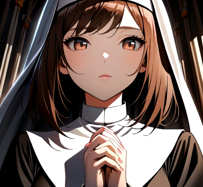 One girl, young woman, Perfect female body, Eyes staring at the camera,(Nuns, Black Dress, Brown Hair),Put your hands together,Dramatic Shadows, Ray Tracing,Portraiture,(masterpiece, High resolution, Super detailed:1.0)