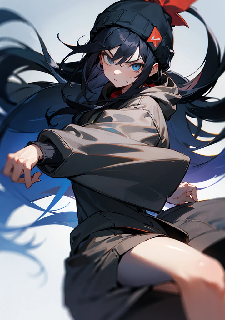 a pale girl, Her hair is black and she wears two low pigtails that fall on her shoulders due to her long hair., has a red eye (Right) and the other yellow (left), he is wearing a diver (Boku no hero academia). He is in a fighting position and a dark energy comes out of his hands..