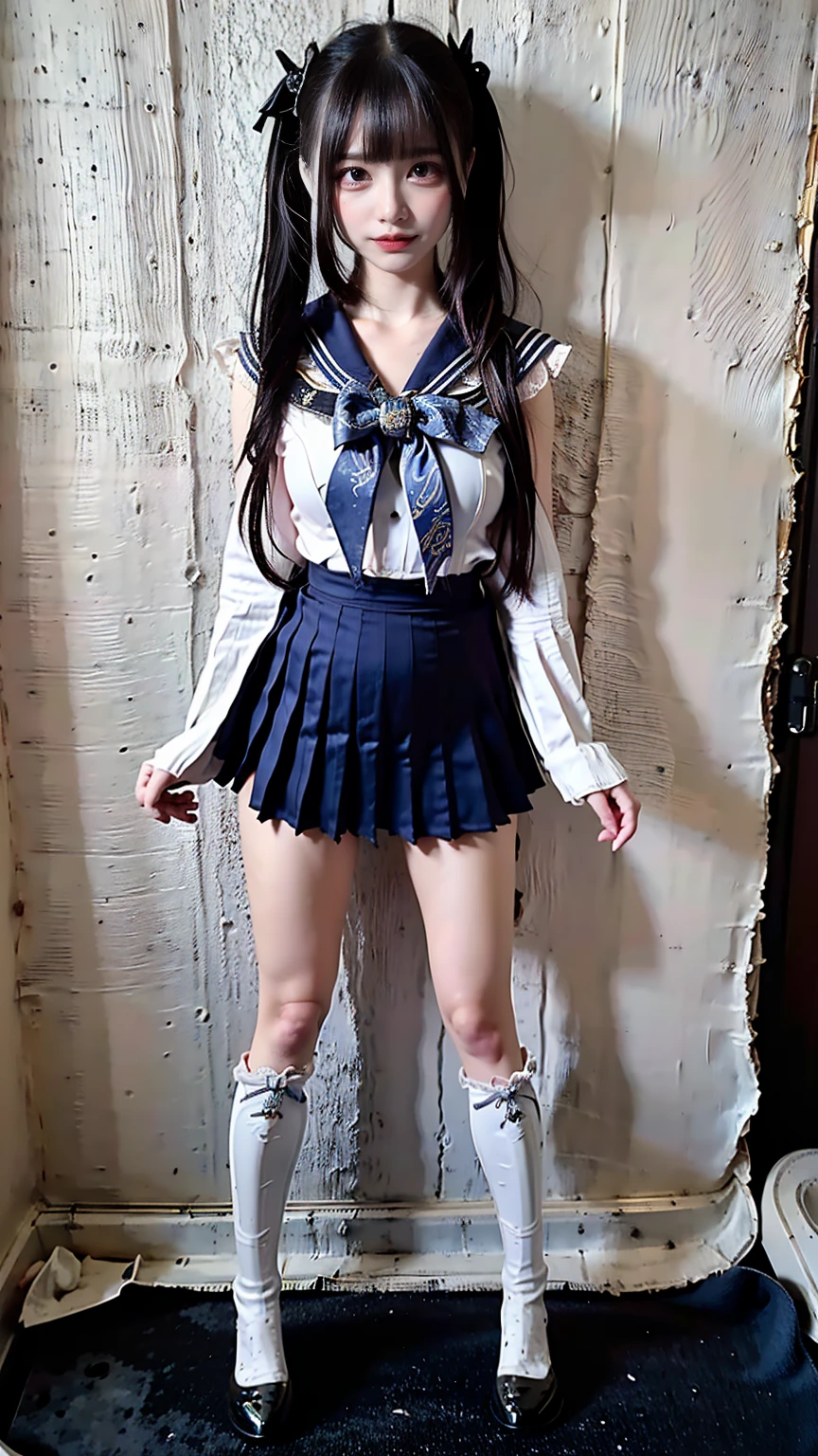 (8K、RAW Photos、Highest quality、masterpiece:1.2)、(Realistic、Realistic)、1 girl、((Sailor Warrior Outfits:1.5、With pubic hair、Large Breasts、Full body from the front、Standing with hands behind back、))、Lots of eyelashes、Glowing eyelids、skeletally correct、smile、This photo will awaken boys to sex