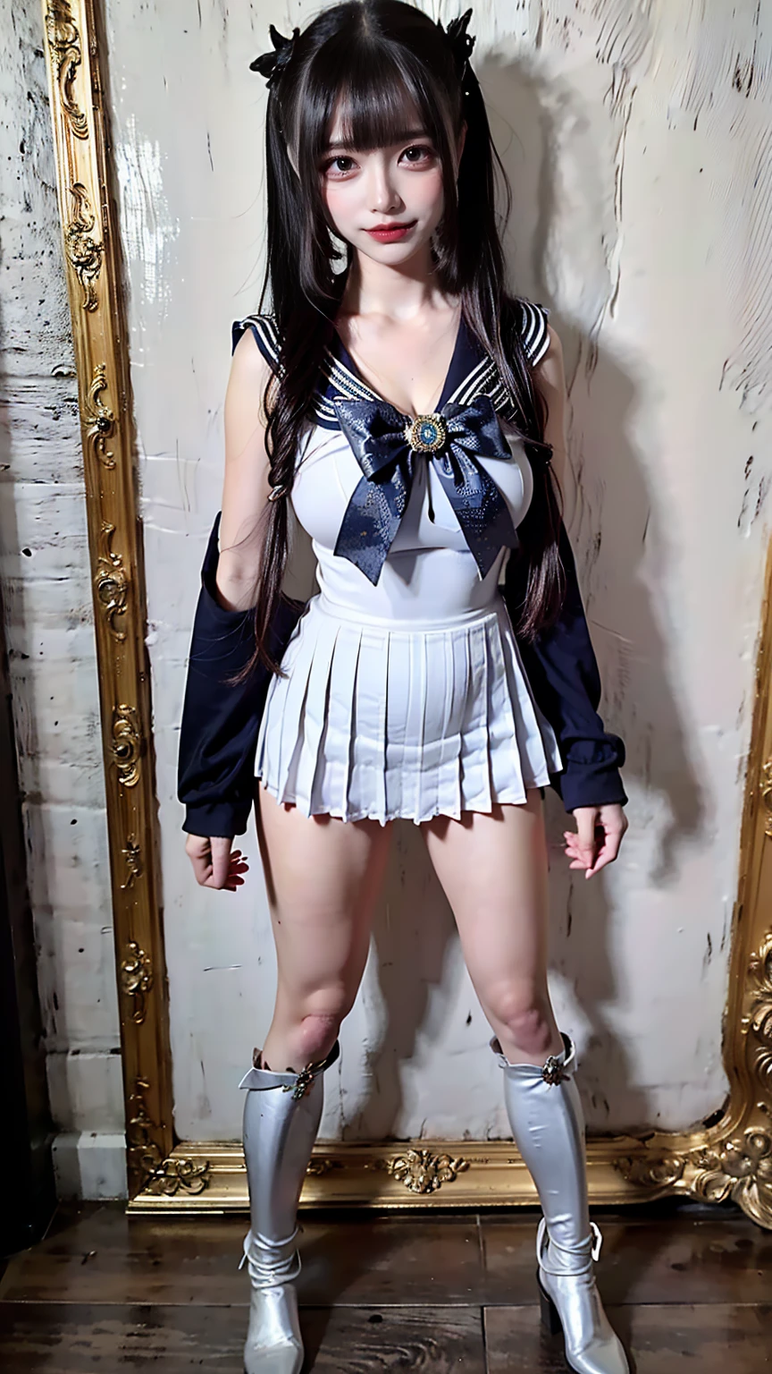 (8K、RAW Photos、Highest quality、masterpiece:1.2)、(Realistic、Realistic)、1 girl、((Sailor Warrior Outfits:1.5、With pubic hair、Large Breasts、Full body from the front、Standing with hands behind back、))、Lots of eyelashes、Glowing eyelids、skeletally correct、smile、This photo will awaken boys to sex