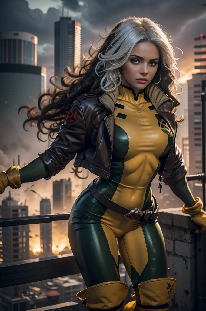 (whole body),Rogue of the X-men,Beautiful detailed eyes,beautiful detailed lips,extremely detailed eyes and face,female bodybuilder physique, bodybuilder veins, long eyelashes,hair with beige and white highlights,messy wavy hair,green eyes expressive eyes,pale skin,fierce expression,powerful aura,safe posture,The characteristic white streak of hair of the rogue.,powerful energy surging from your body,torn and tied gloves,green and yellow tight jumpsuit,Black combat boots,worn leather jacket,ripped jeans,gritty and dark lighting,cityscape background,rising sun in the distance,cloudy sky,moody atmosphere,comic style,paint-like medium,vibrant colors,High contrast,sharp details,classic superhero pose