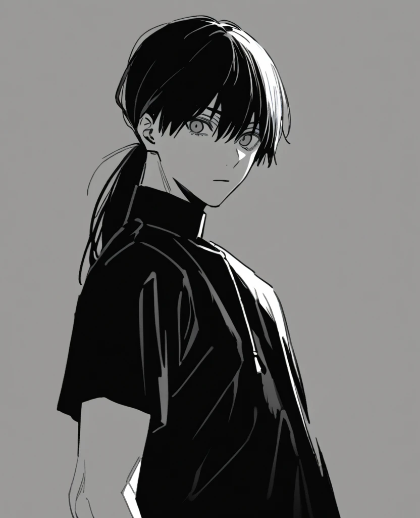 yuto-sano, 1boy, Kaneki, black hair, unique hairstyle long hair, elegant, monochrome, solo, greyscale, male focus, looking at viewer, holding a sword, front view
