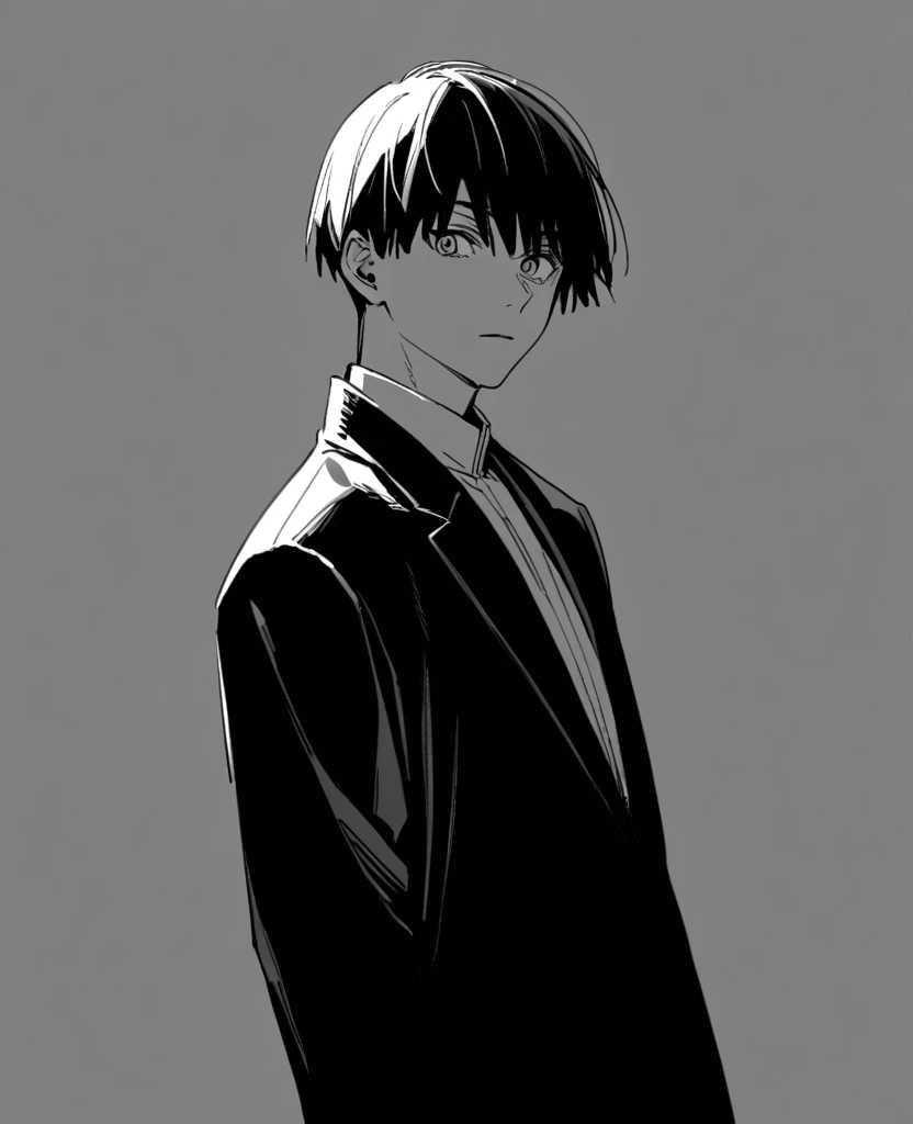 yuto-sano, 1boy, Kaneki, black  hair, unique hairstyle long hair, elegant, monochrome, solo, greyscale, male focus, looking at viewer, holding a sword, front view