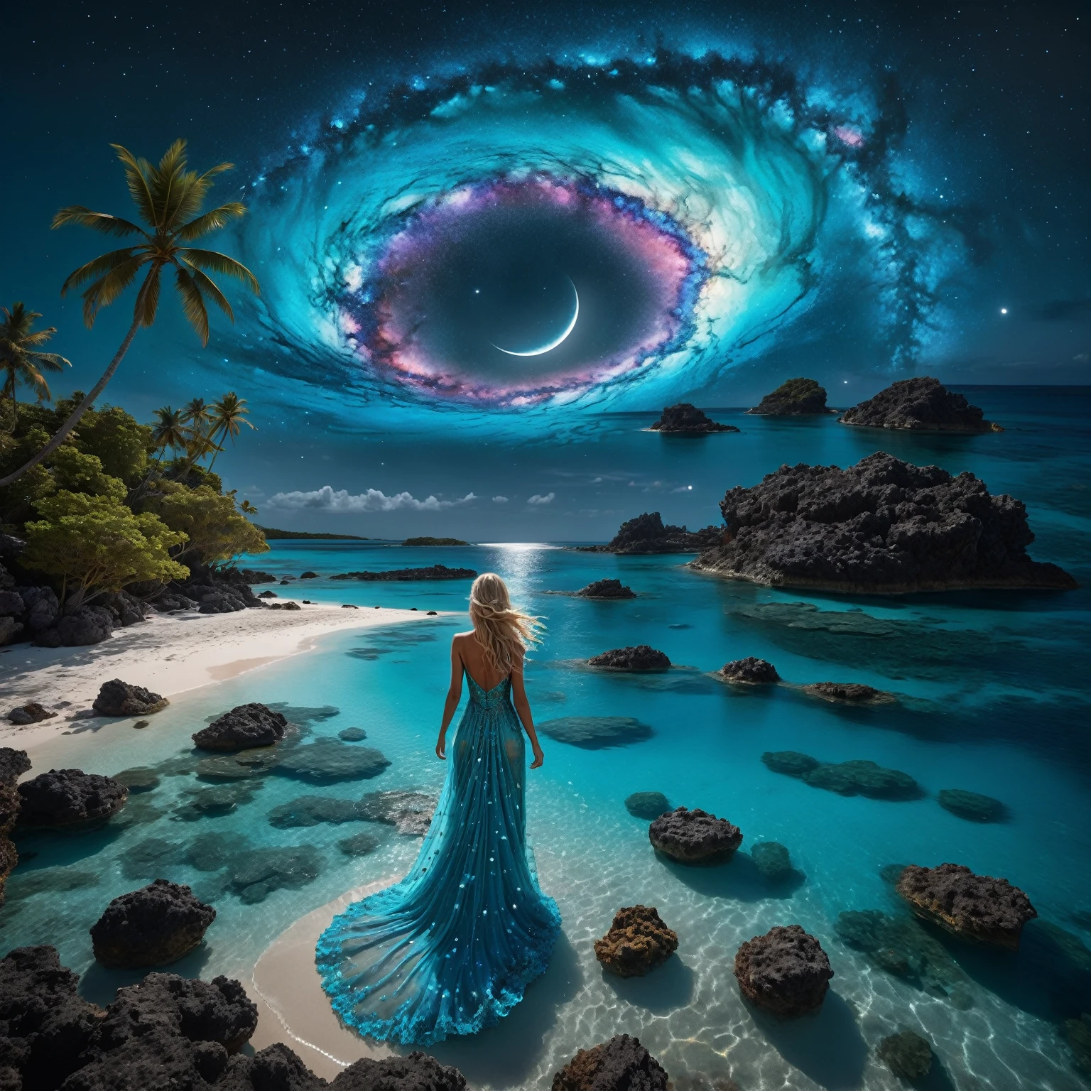 On a dark moonlit night, from a high vantage point, behold a turquoise blue lagoon stretching to the horizon. To the left, a beach fringed with coconut palms sits under a crystal-clear turquoise blue lagoon with detailed coral reefs and bioluminescent multicolored aquatic fauna, accompanied by small waves. In the sky, a whirling galaxy takes the shape of a giant detailed blue eye, set against a starry sky dotted with nebulae and cosmic dust. The bright reflections of the detailed blue eye and starry sky dance on the water’s surface. Along the shore, a blonde woman with long, flowing hair, dressed in a detailed transparent dress that seems to be made of ethereal fabric, stands and contemplates the wonders of the universe. The water near the woman should be transparent, revealing ((detailed bioluminescent (multicolored fishs),corail, algae and marine life)). The artwork should embody moon luminism and fantastic realism within a complex background that is highly detailed and intricate, rendered in ultra-realistic 8k resolution for hyper-realistic detail akin to magical photography effects. Invoke elements of fantastical fantasy trending on Artstation Unreal Engine 5 with vivid ink-stained colors, a maximalism style, expansive depth of field matte painting techniques,