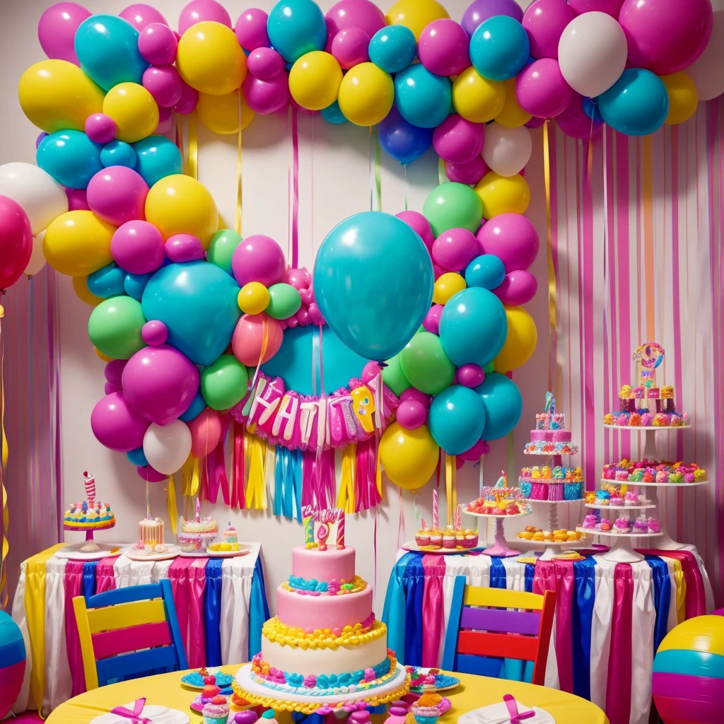 create a birthday party room, with colorful balloons, a colorful cake table