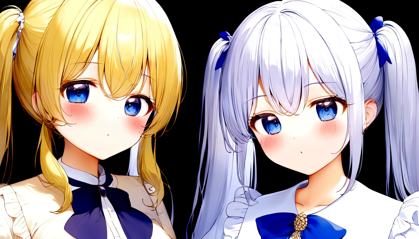delicate、masterpiece、Highest quality、2 peopleの女の子、2 people、A girl with long white hair and a girl with blonde twintails、Both have blue eyes、White Background、Flat Color、2 peopleとも正面を向いている、sketch