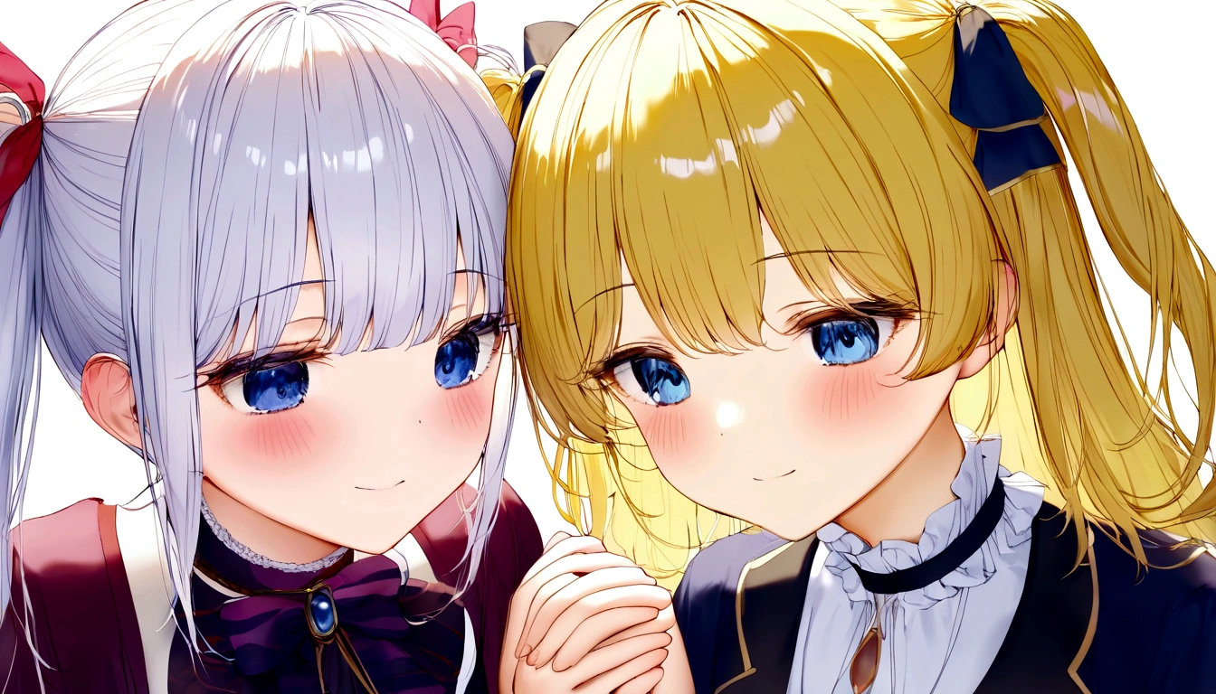 delicate、masterpiece、Highest quality、2 peopleの女の子、2 people、A girl with long white hair and a girl with blonde twintails、Both have blue eyes、White Background、Flat Color、2 peopleとも正面を向いている、sketch