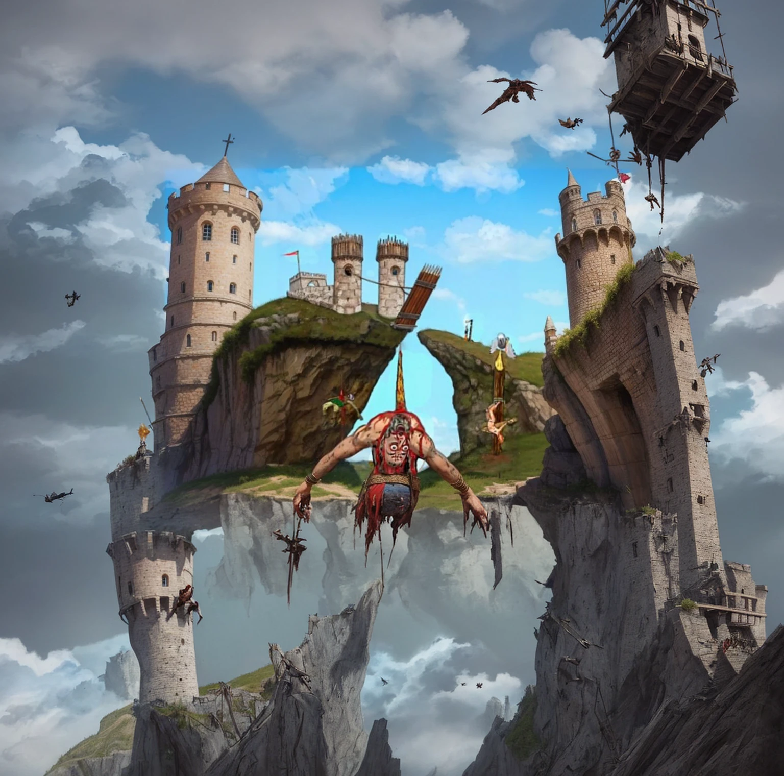 A medevel scene of tortured men on spikes after a bloody battle. A stone and wooden fortress on a cliff. A wooden drawbridge leads to the towers outside the fortress..bodys are burning or hung on crosses. Voltures are picking at the dead corpses of the fallen men. After war Carnage.
