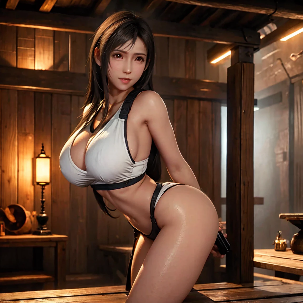 Tifa in a sauna, half naked, whole body, pose sensual, round ass, big breasts and light brown eyes. 8k, Best Quality, masterpiece 1.2