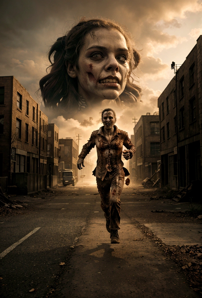 make a picture of many zombie running after surviving people 