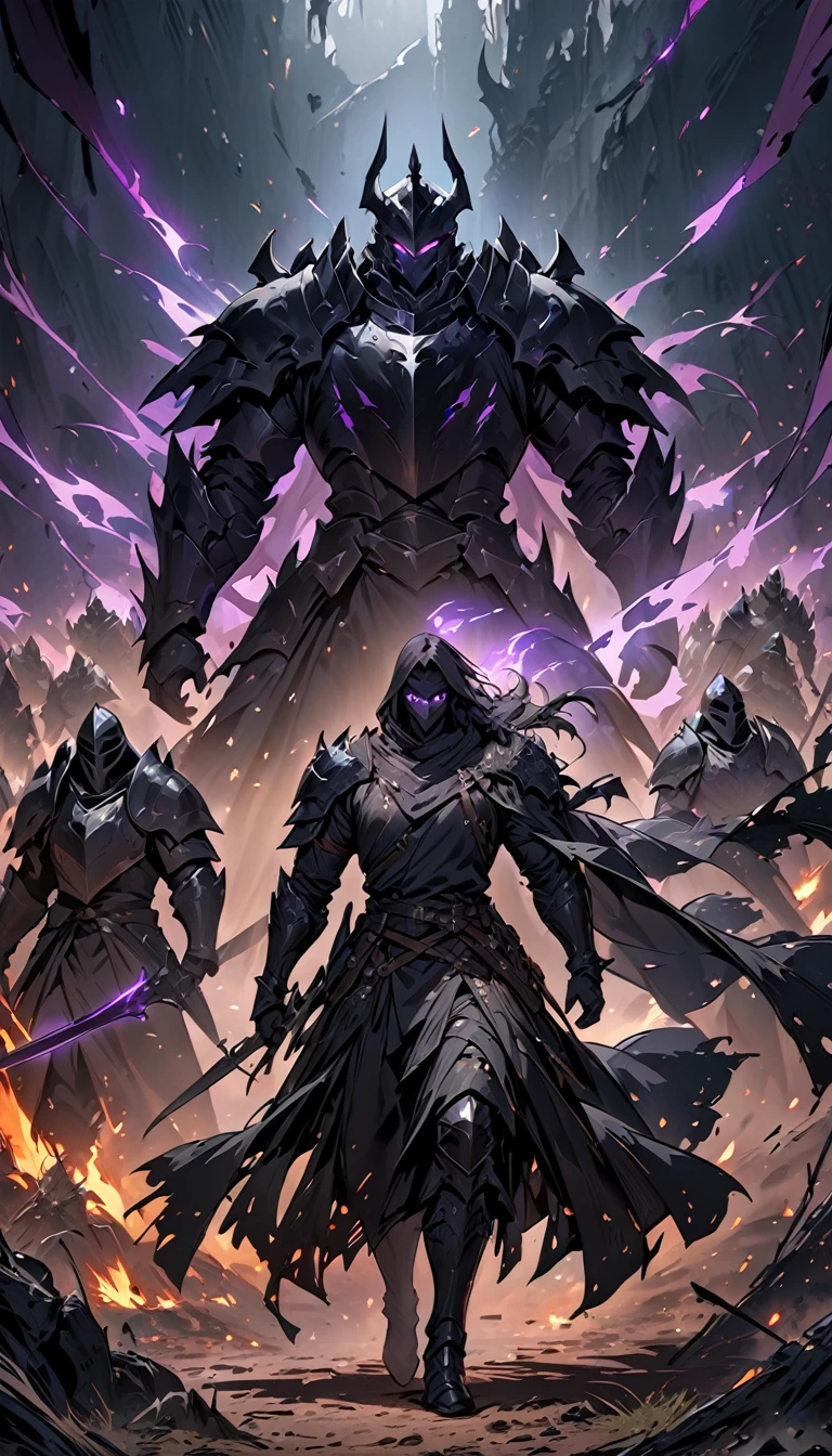 male black shadow ghost knight in a battlefield, shadow, black, knight, ghost knight, full body view, facing front, shadow knight, glowing purple eyes, black smoke, dark, masterpiece, masterpiece lighting, many knights following