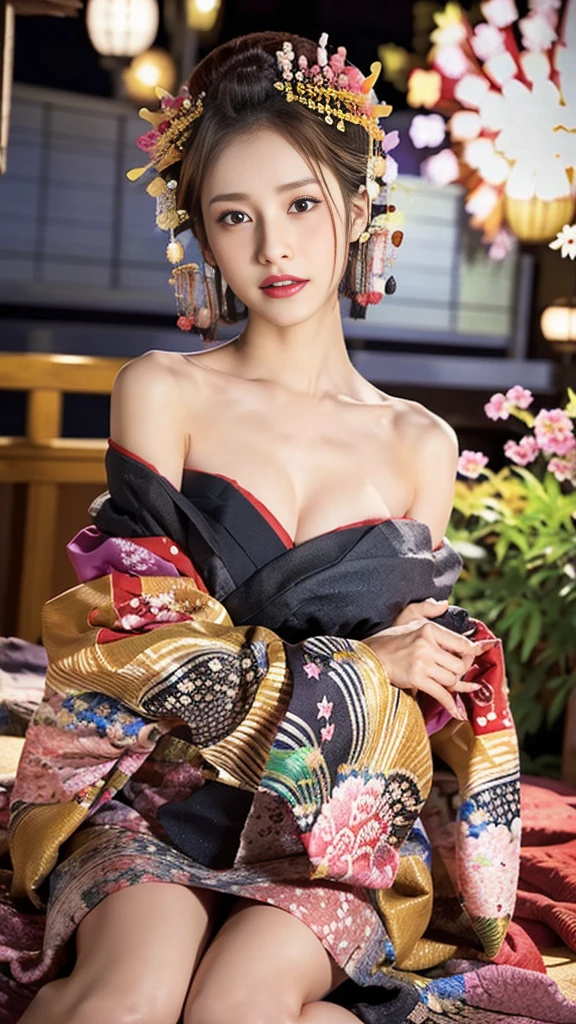 (8K、RAW Photosgraphy、Highest quality、masterpiece:1.2)、(Realistic、Realistic:1.37)、Ultra-high resolution、One Girl、cute、((Large Breasts:1.2))alone、night、Sitting、date、(Nose redness)、(Laughter:1.1)、(Closed)、Huge 、Beautiful Eyes、(short hair:1.2)、(((Fireworks bursting into the sky、night)))、(((kimono、yukata)))、Cleavage、Perfect body、Perfect Fingers、Professional Lighting、Japanese Goddess、gravure、Detailed face and skin texture、fine grain、RAW Photos