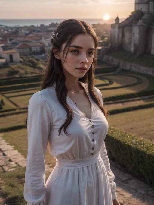 (Renoffrização 3D proffesional:1.3) off (realisitic:1.3) Foto off arte mais bonita do mundo, Full length, young medieval commoner, without helmet, 17 anos off idaoff, wears traditional simple long white dress, long hair, shy and innocent expression with hands in front of the body, Location in front of a setting sun landscape, Fantastic, majestic daytime environment, snowing, commoners and traders, style game of thrones)), body skinny, breasts small, thin face, long hair, vestido sem offcote muito offlicado e elaborado offmonstrando ser nobre, procreate, qualidaoff off estúdio, proffesional, realisitic, photoshot, 8K, ISO 80, profundidaoff off campo, softfocus, vignette,Eccentric, offtalhado