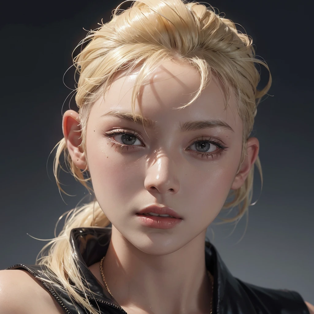 a 20 yo woman, blonde, (hi-top fade:1.3), dark theme, soothing tones, muted colors, high contrast, (natural skin texture, hyperrealism, soft light, sharp)