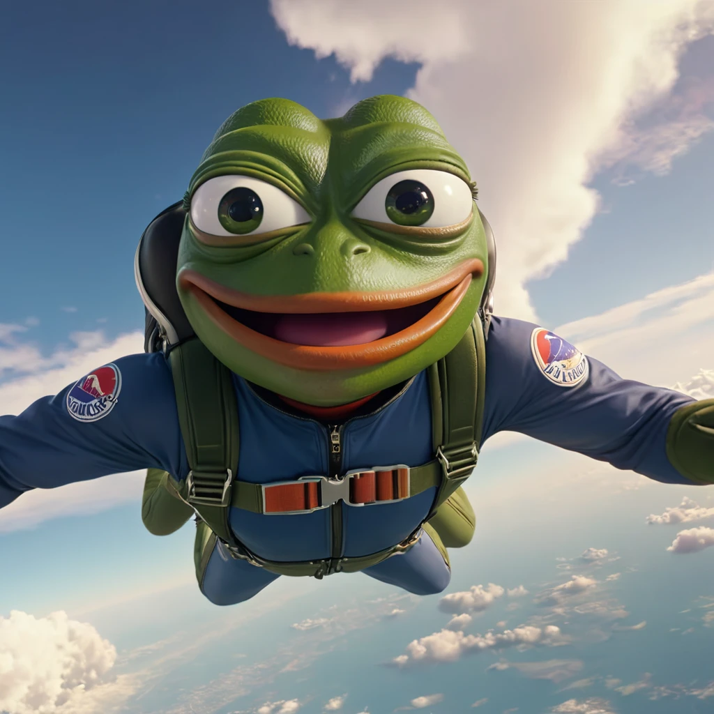 Pepe the frog, sky diving, face being blown away by air pressure, hyperrealistic, 8k, detailed, photorealistic, studio lighting, extremely detailed, hyper detailed, highly detailed face and expressions, dynamic movement, realistic clouds, realistic sky, detailed environmental details, vibrant colors, cinematic lighting, dramatic lighting, dramatic composition