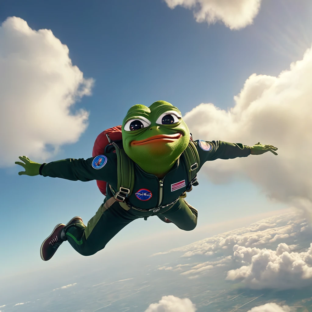 Pepe the frog, sky diving, face being blown away by air pressure, hyperrealistic, 8k, detailed, photorealistic, studio lighting, extremely detailed, hyper detailed, highly detailed face and expressions, dynamic movement, realistic clouds, realistic sky, detailed environmental details, vibrant colors, cinematic lighting, dramatic lighting, dramatic composition