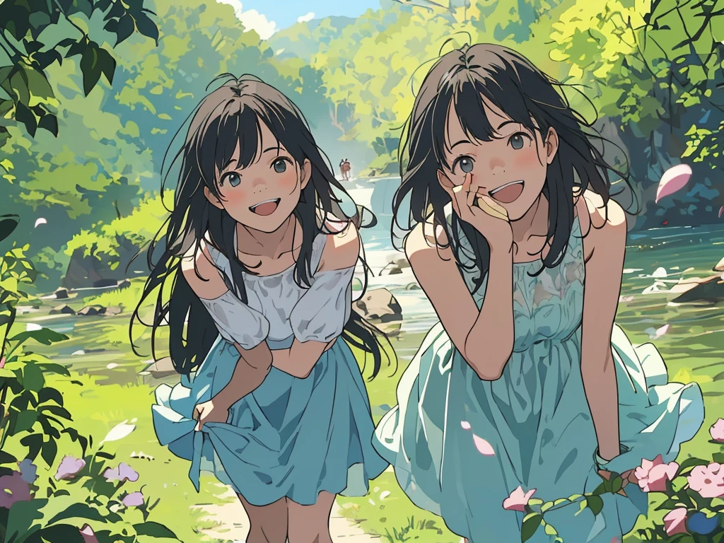 Reasonable design, Clear lines, High Sharpness, (Highest quality,8K,Perfect sharpness,Ultra fine,High resolution,masterpiece:1.2), Perfect Anatomy:1.5, Official Art, Illustrations that tell a story, (Whitish background:0. 9）、Body Positivity、多Mr.な身体表現、（Random and energetic poses）、Perfect beauty、Perfect beautiful face、Strong winds、A rich expression、Dynamic composition、smile、Golden ratio composition、colorful、（(Mr.々Different angles and perspectives)）、Anime Art、(Mini dress)、（Overcoming stereotypes）、 Glowing Skin、（Natural beauty）、smile、Bangs、（Soft and flowing hair）、（countryside）、（Nostalgic atmosphere）、Put up to your feet、（Playful and carefree）、（多Mr.な民族のキャラクター）、（innocent attitude）、（Sunny atmosphere）、(The skirt flutters wildly in the wind)、（Bright colors）、Beautiful Eyes、(Embarrassing)、Braided Hair、Summer Scene、Smiling among flowers、Angle from above、