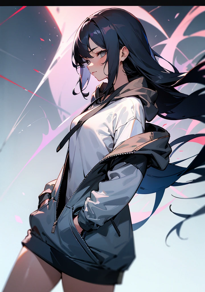 1 girl, black hoodie, long hair, super beautiful, cool, intimidation, black hair, sexy, hot