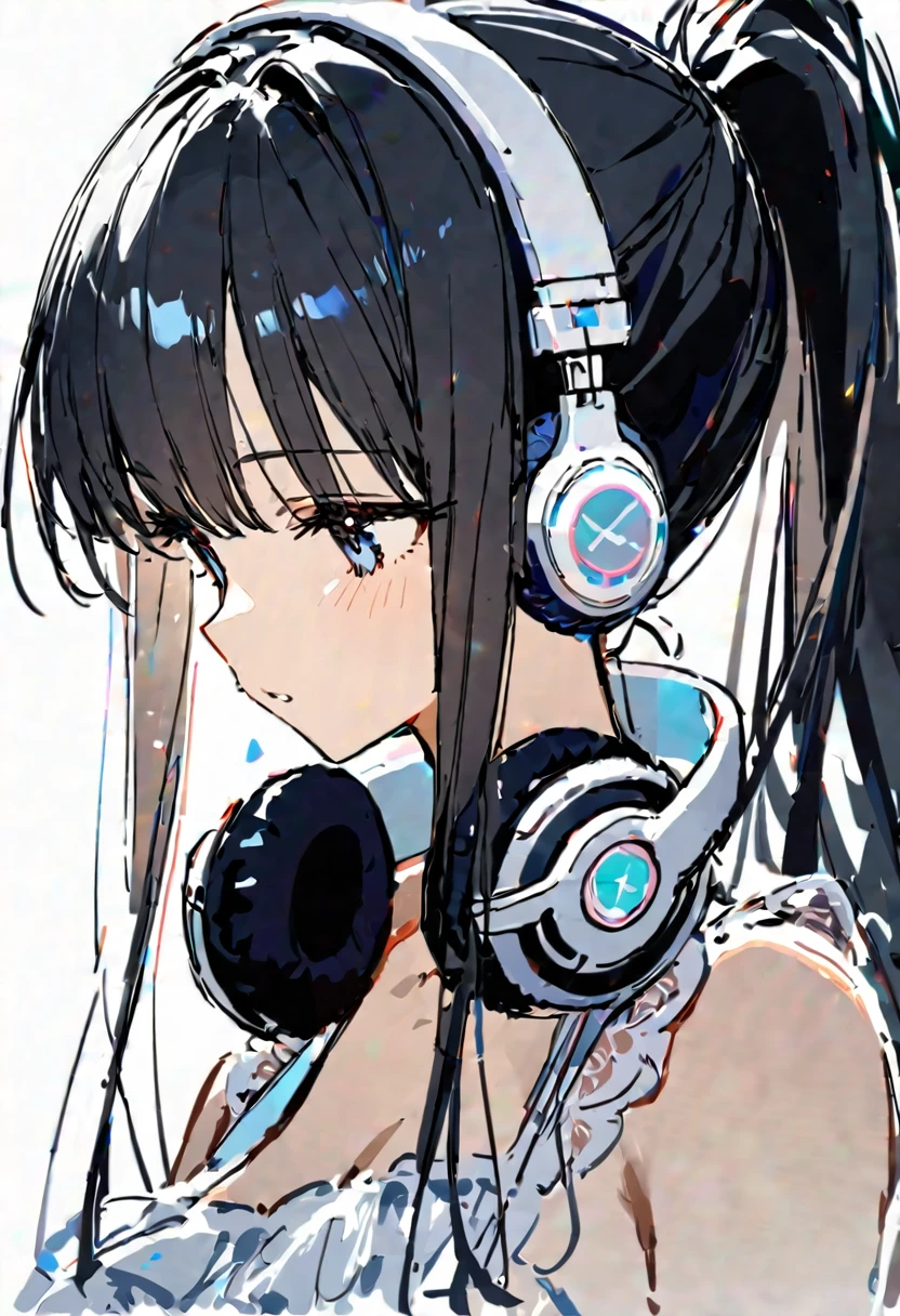 delicate、masterpiece、Highest quality、One Girl、cute、Black Hair、Long Hair、ponytail、Headphones hanging around the neck、White Background、sketch、Look forward、Upper body only