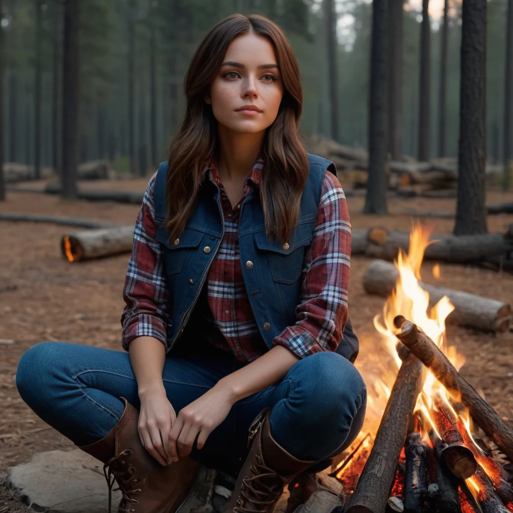 andrada1mauva11s, woman, (toned), straight clean hair, masterpiece, best quality, cute, ultra-deta iled, high res, highly detailed, perfect face feature, freckles,, campfire, jeans, long sleeved flannel shirt, puffy vest, boots, roasting marshmallows, fall forest backgro und