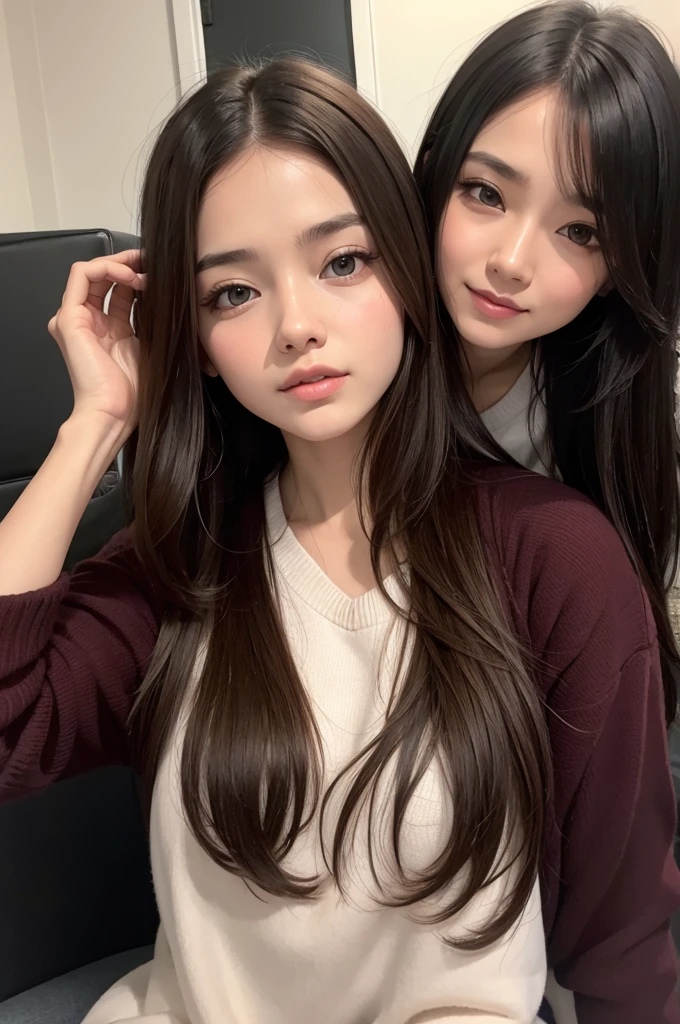 The girl sits on the sofa,A teddy bear on the back, tidy hair,By bangs, Long hair with bangs, long whitr hair,Bangs remain unchanged, Fluffy bangs, light-brown long hair,By bangs, pale brown hair,By bangs, Soft hair, Light brown hair and bangs,