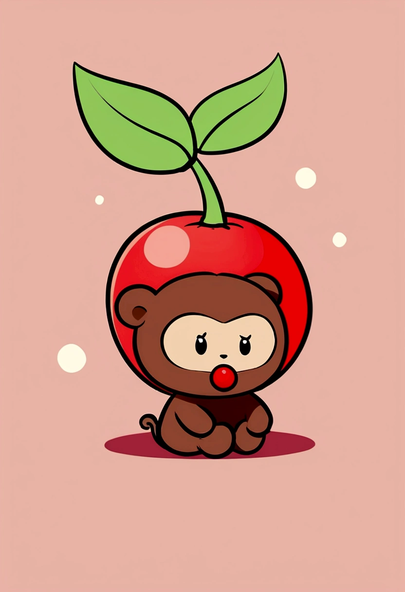 Simple cute tender kawaii style little monkey sitting with a cute and big cherry. Simple cartoon style drawing 